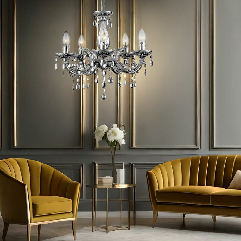 Lustre cristal suspension 5 flammes suspension salon, décor acrylique chrome, 5x E14, DxH 44x128 cm