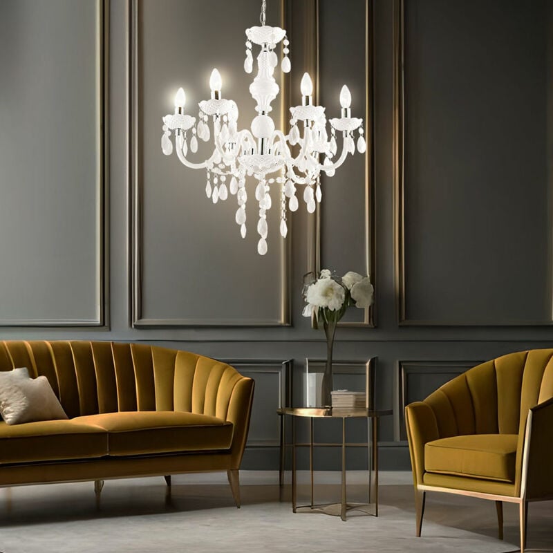 Lustre cristaux suspension 6 flammes suspension lustre blanc, cristal suspension accents chromés, 6x douilles E14, DxH 67x166 cm