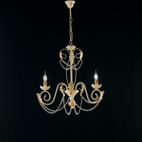 Lustre Damasco Fer Ivoire, Strass Cristal, Déco Or Antique Effet Décapé, 3 Lumières D.47 Cm Look Élégant Rétro