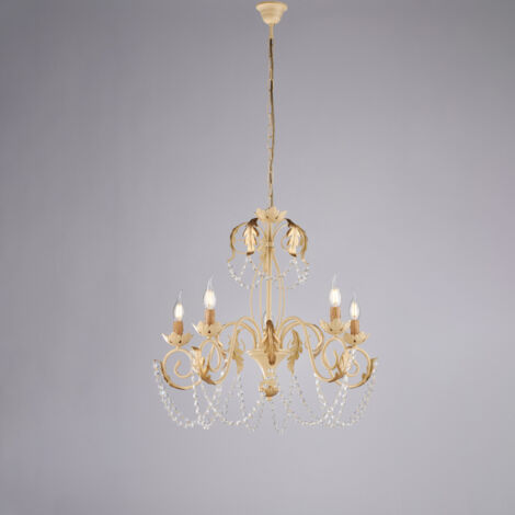 Lustre Damasco Fer Ivoire, Strass Cristal, Déco Or Antique Effet Décapé, 5 Lumières D.63 Cm Ambiance Raffinée