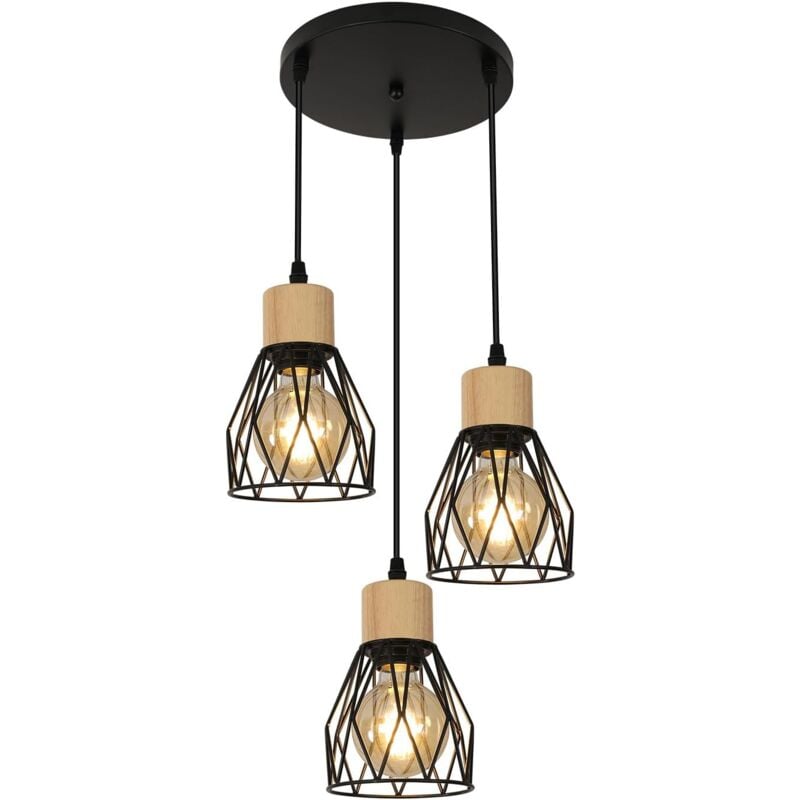 Goeco - Lustre De Cuisine, Industriel Lampe Suspension, Abat-Jour Cage En Fer, E27 Luminaire Plafonnier, Hauteur Réglable, 12cm, Noir, (3-Lumières)