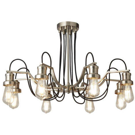Lustre de plafond OLIVIA 8 Lumières, cable tissu tresse noir, Argent satiné E27