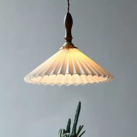 Lustre de Restaurant rétro Style moderne barre en bois massif tissu plissé suspension à tête unique 3500K (30x25cm)