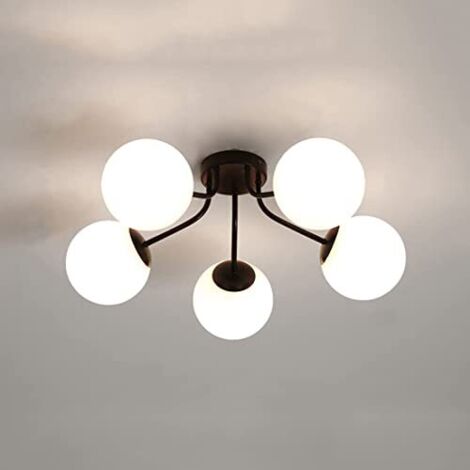 Lustre de style moderne, plafonnier LED, E27, lumière blanche (6000K), cinq abat-jour sphériques en verre, convient aux chambres et aux salons.
