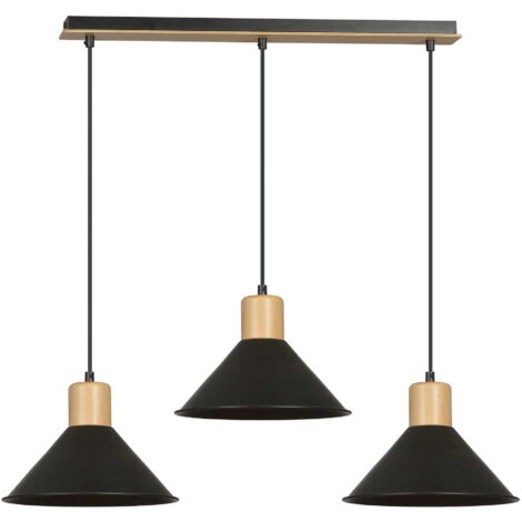 Lustre Emibig Rowen 3, 3xE27 métal noir bois clair