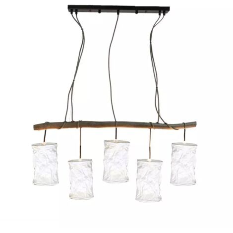 Lustre en bois avec 5 abats-jour en papiers froissé blanc - WOODEN
