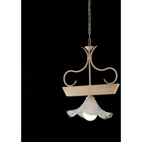 Lustre en bois et fer laqué ivoire à décor décape 1 lumières