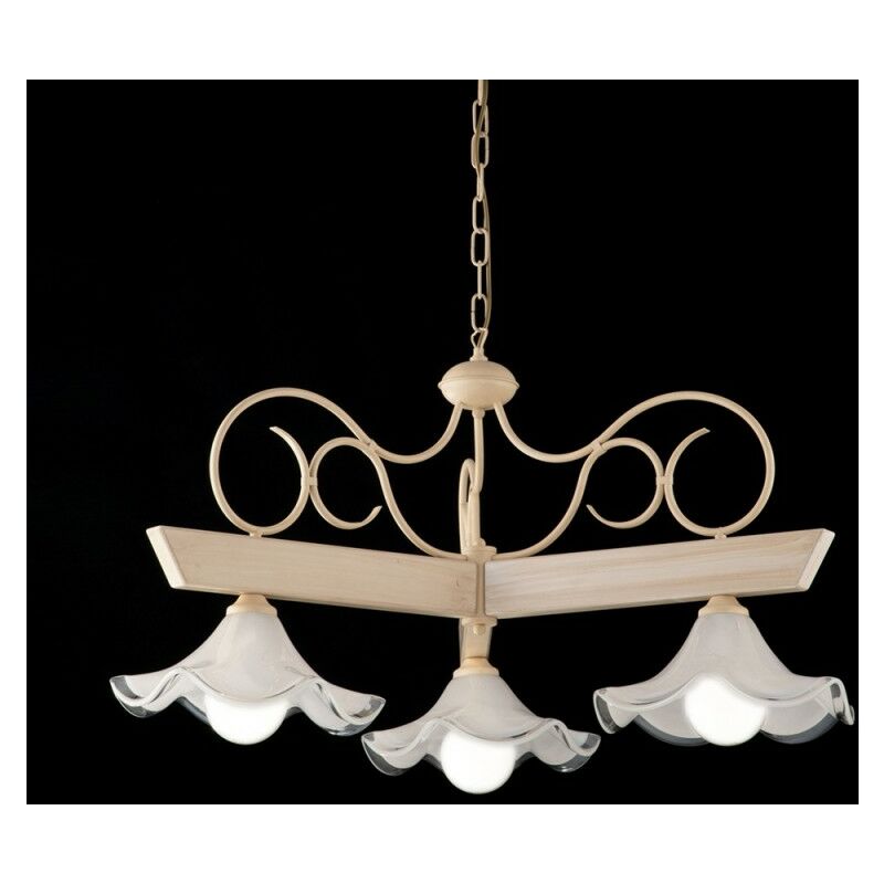 Lustre en bois laqué ivoire et fer à décor de 3 lumières décape avec plaque de verre