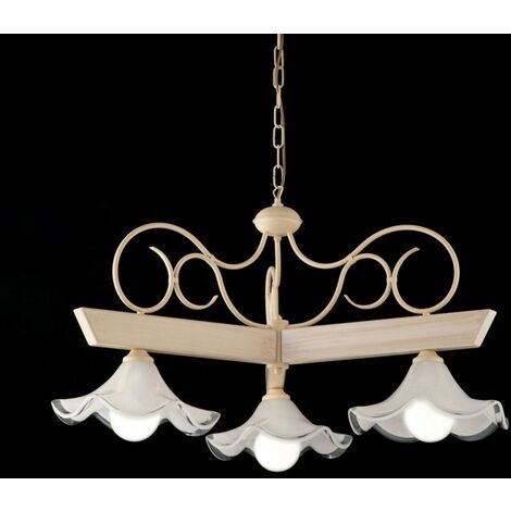 Lustre en bois laqué ivoire et fer à décor de 3 lumières décape avec plaque de verre