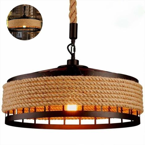 YZSJ E27 Corde De Chanvre Lampe Suspension Vintage Rétro Lumière Industriel De Fer Antique Lustre Au Plafond Réglable En Hauteur Tissé À La Main Bar Cuisine Salle À Manger Pendentif Luminaire