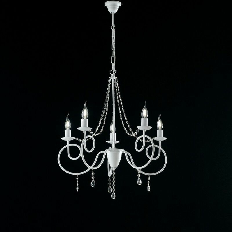 Lustre en fer blanc cinq lumières shabby décoration strass 58x h72 cm Lustre en fer blanc cinq lumières shabby décoration strass 58x h72 cm