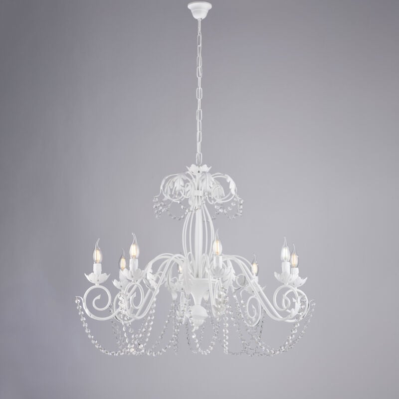 Bonetti Illumina - Damasco Lustre en fer laqué blanc décoration effet shabby chic et strass cristal 8 lumières 130 d.90 BL77-8-BCO