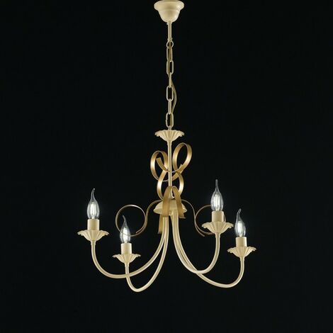 Lustre en fer décapé ivoire or quatre lumières 61x h47 cm