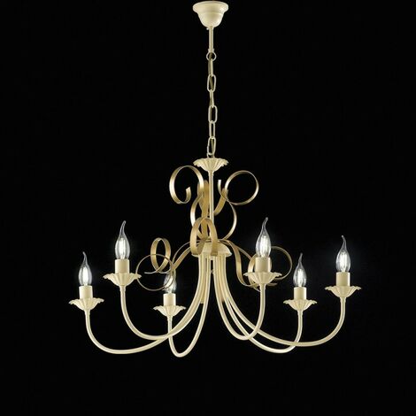 Lustre en fer décapé ivoire or six lumières 73x h50 cm