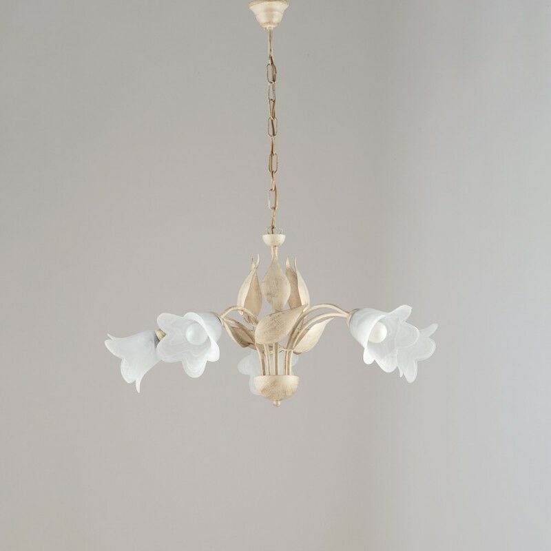 Bonetti Illumina - Lustre en fer Ivoire Or cinq lumières Albâtre Verre blanc 68x h43 cm