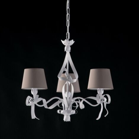 Lustre en fer laqué blanc avec décoration shabby 3 lumières
