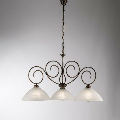 Lustre en fer Marron Or trois lumières Albâtre Abat-jour en verre blanc 78x h54 cm