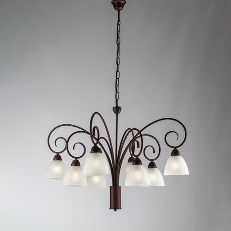 Lustre en fer Rouille Noir Abat-jour en verre blanc huit lumières 81x h58 cm
