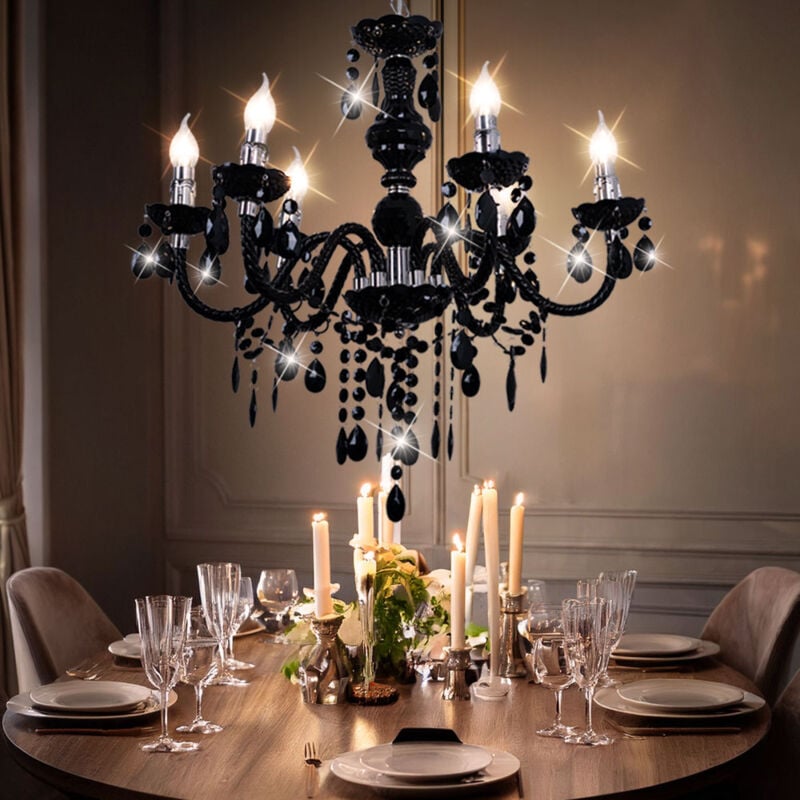 Lustre en métal suspension chambre chrome lustre suspension 5 flammes chrome, décor acrylique noir, 6x E14, DxH 57x166cm