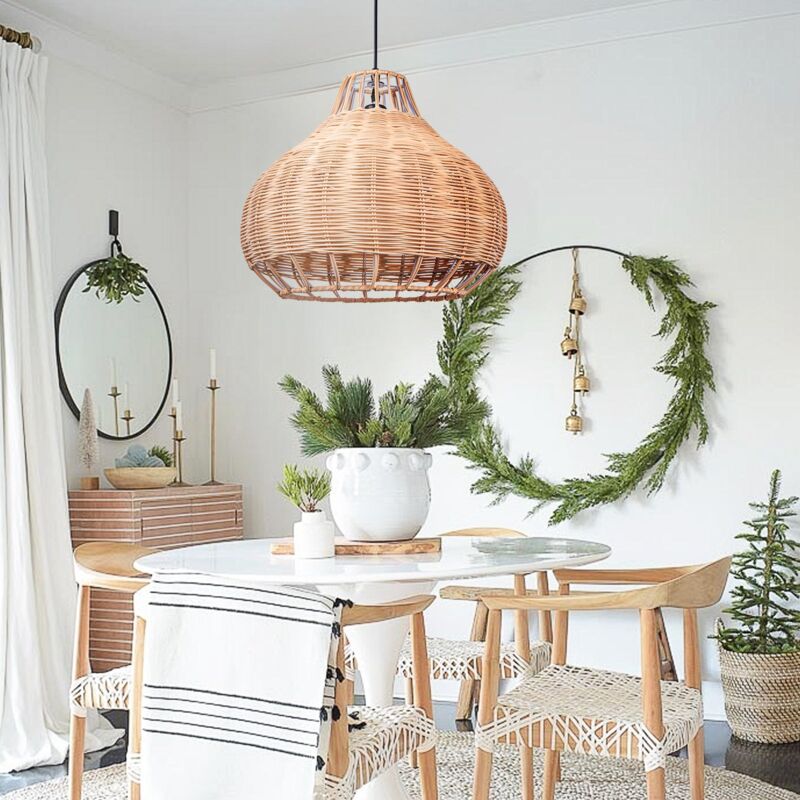 Lustre en rotin de 15,75 pouces, lustre tressé en rotin bohème pour îlot de cuisine, ferme, salle à manger, chambre à coucher D50 cm x H50 cm