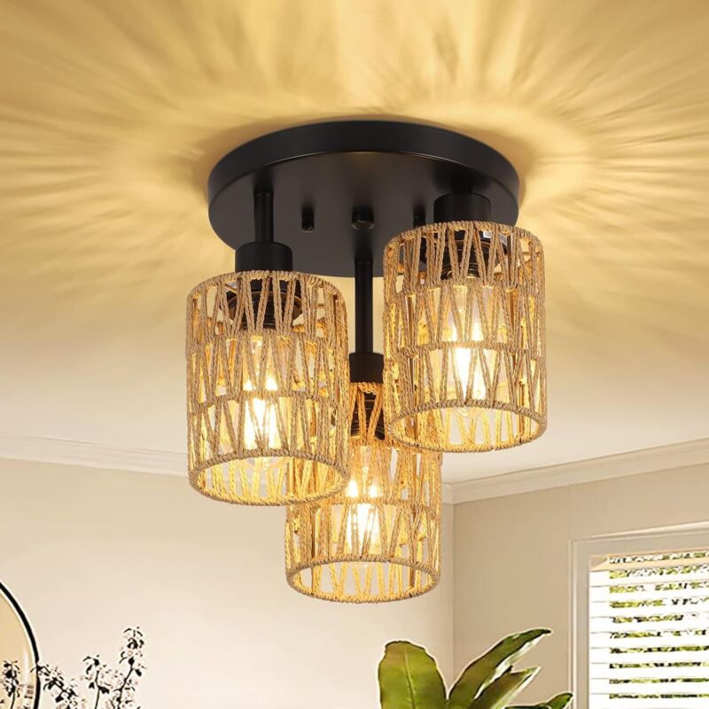 Lustre en rotin, lustre bohème à trois flammes, lustre vintage en bambou, lustre style campagnard, lustre en osier noir pour salon, chambre, cuisine,