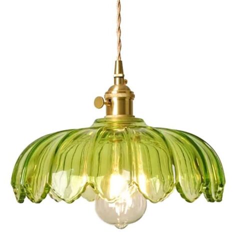 Lustre en verre - Luminaires vintage pour îlot de cuisine - Pendentif en forme de fleur verte - Petite lumière pour chambre à coucher, hôtel, salle à manger (sans ampoule E27)