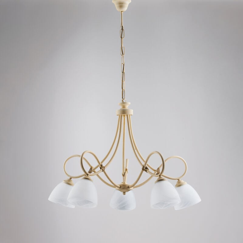 Lustre Dallas ivoire, effet décapé/or antique, verre albâtre d.13, 5 lumières style classique revisité