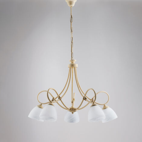 Lustre fer décapé ivoire cinq lumières blanc abat-jour verre albâtre 69x h52 cm
