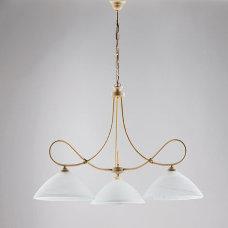 Lustre fer décapé ivoire trois lumières abat-jour verre blanc albâtre 78x h65 cm