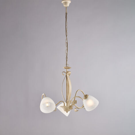 Lustre Forgiato fer ivoire, déco or antique, verre albâtre d.13, 3 lumières d.51 cm, style classique chaleureux