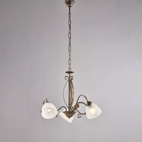 Lustre Forgiato fer marron, déco or antique, verre albâtre d.13, 3 lumières d.51 cm, idéal salon ou chambre