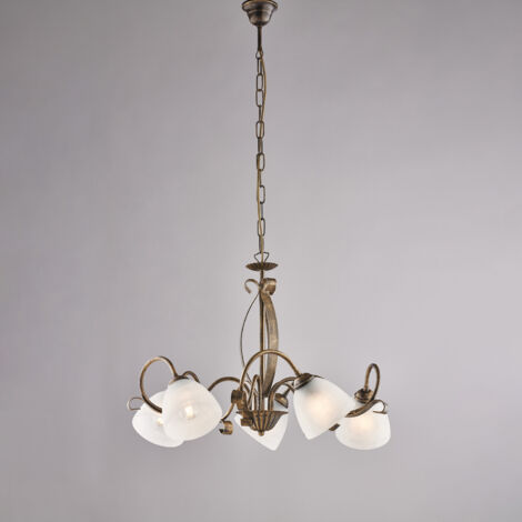Lustre Forgiato fer marron, déco or antique, verre albâtre d.13, 5 lumières d.64 cm, design classique intemporel