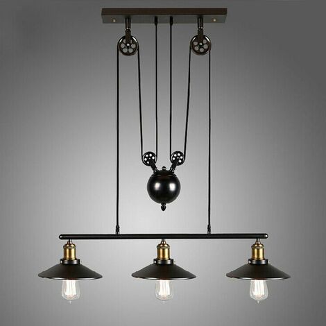 Lustre Industriel à 3 Lampes avec Poulie en Fer Effet Rétro Noir