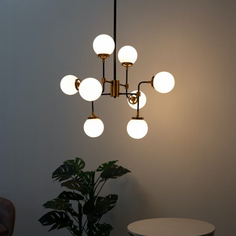 Kosilum - Lustre Industriel Doré à 8 Bras - Verre Blanc Laiteux Zenith
