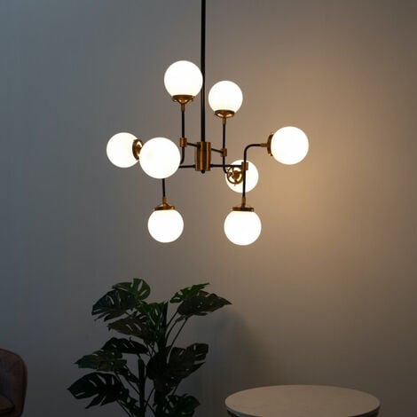 Lustre Industriel Doré à 8 Bras - Verre Blanc Laiteux Zenith - Noir et Cuivre