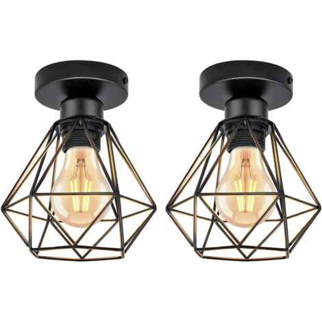 Lustre industriel E27, lot de 2 suspensions cage métal noir, style vintage rétro, pour salon cuisine café bar
