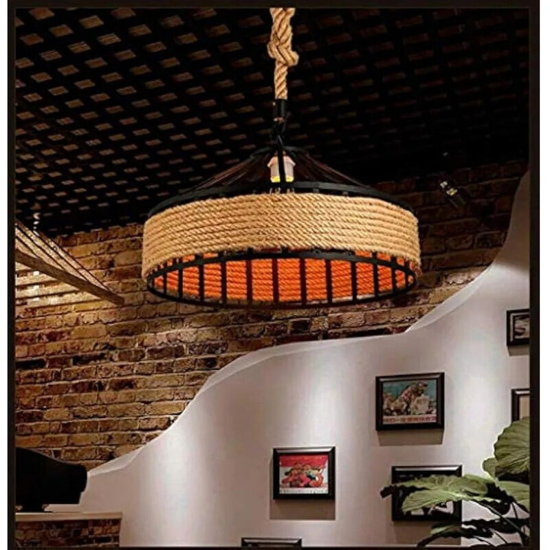 Lustre industriel vintage en corde de chanvre, 40 cm, luminaire suspendu rustique pour restaurant, bar, maison, sans ampoule