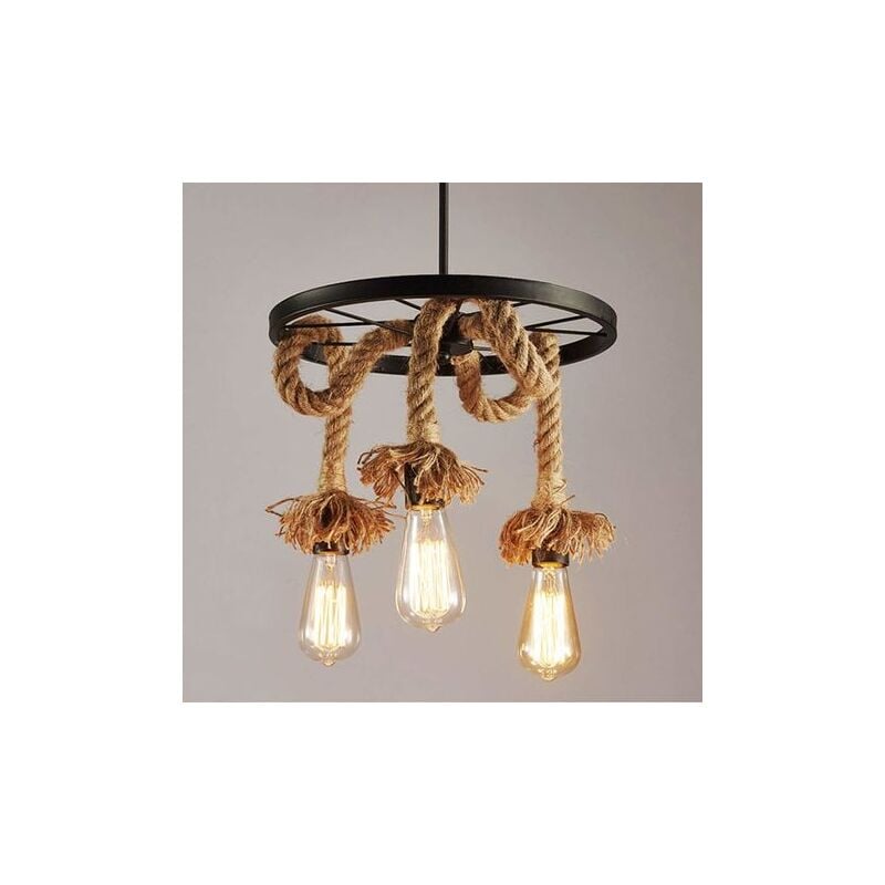 Lustre industriel vintage en corde de chanvre, lampe suspendue créative à 3 lumières pour salon, loft, restaurant, bar, luminaire décoratif