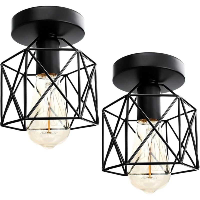 Plafonnier Industrielle Retro en Métal Cube Carré Fer Suspension luminaire pour Salon Chambre Bar Salle à Manger Noir 2PCS