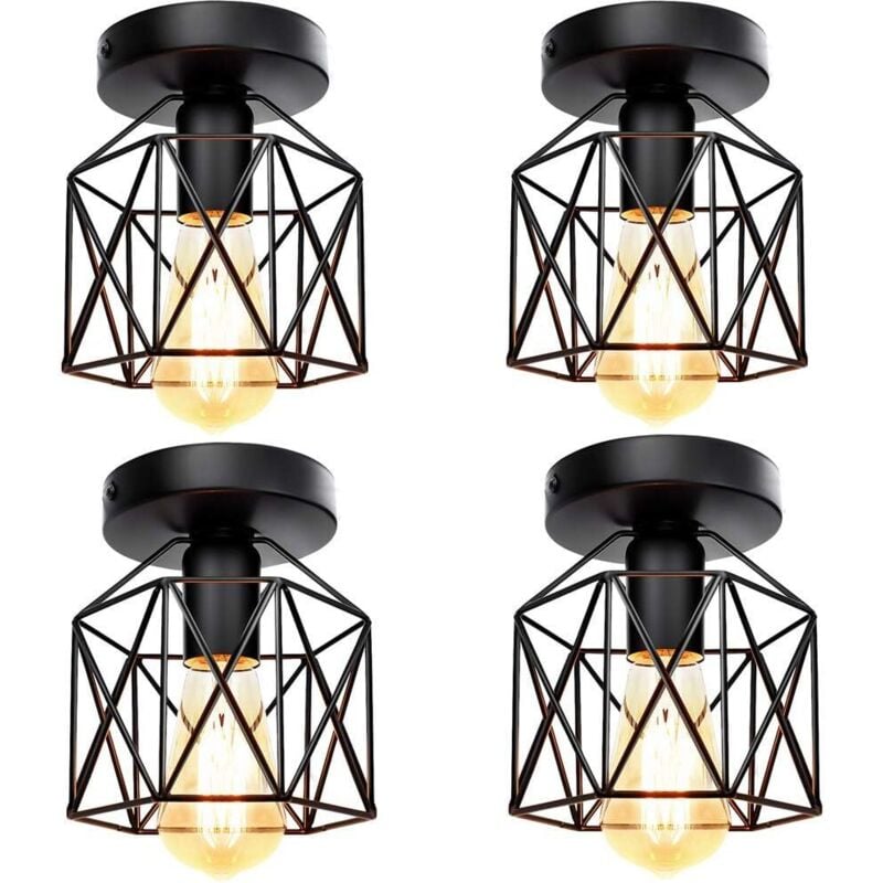 Plafonnier Industrielle Retro en Métal Cube Carré Fer Suspension luminaire pour Salon Chambre Bar Salle à Manger Noir 4PCS