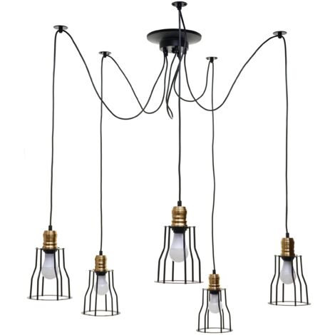 Lustre lampe suspendue design industriel réglable en hauteur noir 5x abat-jour 040003597