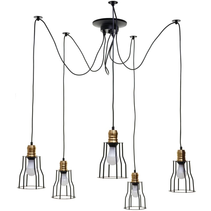 Décoshop26 - Lustre lampe suspendue design industriel réglable en hauteur noir 5x abat-jour 040003597