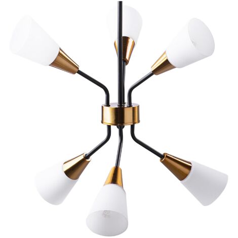 Lustre Lampe Suspension en Verre Blanc et Métal Noir et Doré pour 6 Ampoules E27 Max 60W Éclairage Fonctionnel pour Salle à Manger Moderne Beliani
