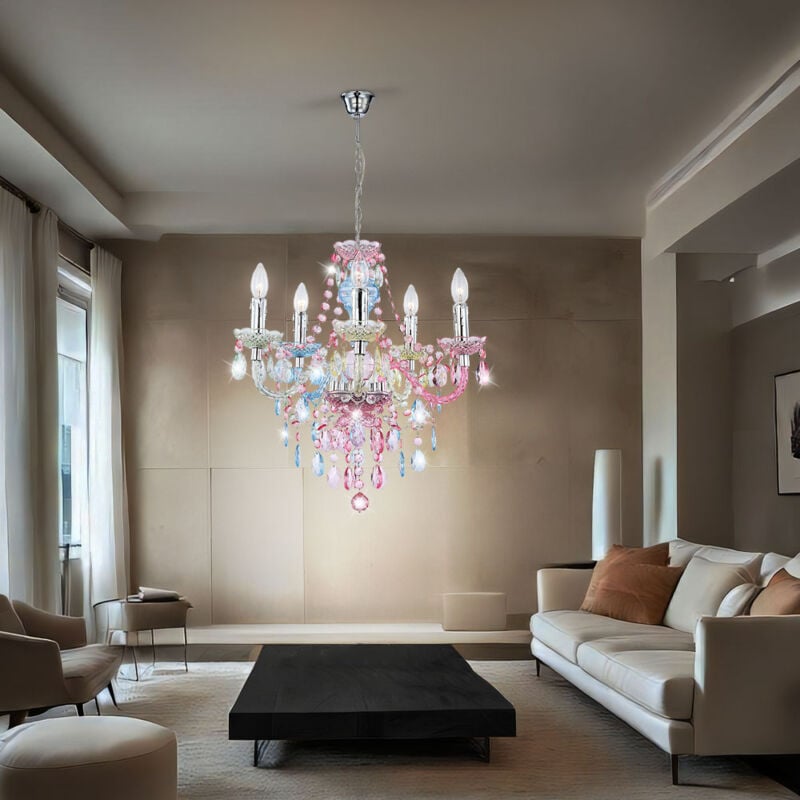 Lustre Lustre suspension lampe cristal lampe suspension couleur arc-en-ciel, chrome, cristaux acryliques, 5 lumières, 5x douilles E14, DxH: 51x149 cm