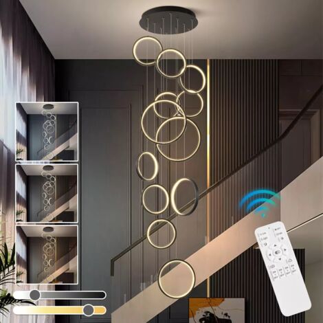 Lustre Moderne 126W avec Télécommande, Luminaire Suspendu LED à Gradation Continue, 12 Anneaux - Plafonnier, 3 Températures de Couleur, H. 300 cm