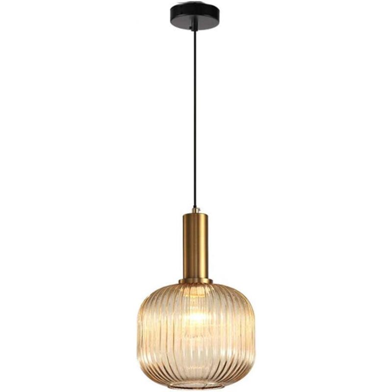 Lustre moderne, douille de lampe suspendue dorée avec abat-jour en verre ambré, lampe suspendue led