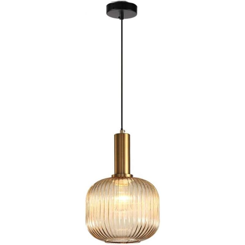 Lustre moderne, douille de lampe suspendue dorée avec abat-jour en verre ambré, lampe suspendue led