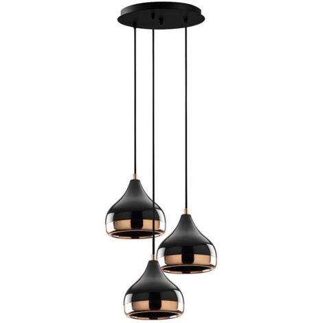 Lustre métal réglable 3 abat-jours – D. 37 cm H. 25/111 cm – Noir et cuivré – Compatible E27 max 40W – Installation facile – Ozaia
