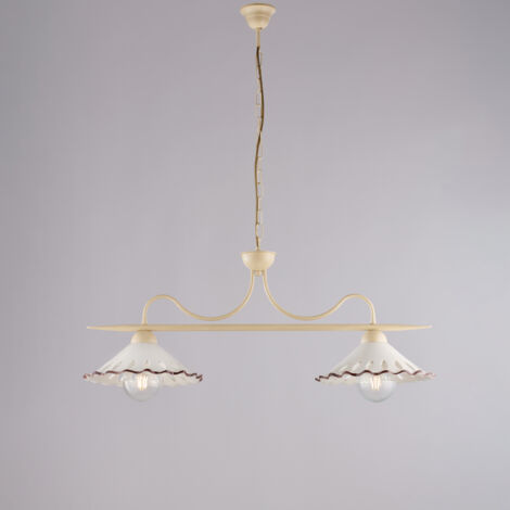 Lustre Osteria Fer Ivoire, Déco Effet Décapé, Diffuseurs Céramique D.30 Blanc/Marron, 2 Lumières, Format 83X30 Cm