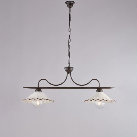 Lustre Osteria fer noir, déco rouille, diffuseurs céramique d.30 blanc/marron, 2 lumières, style rustique 83x30 cm